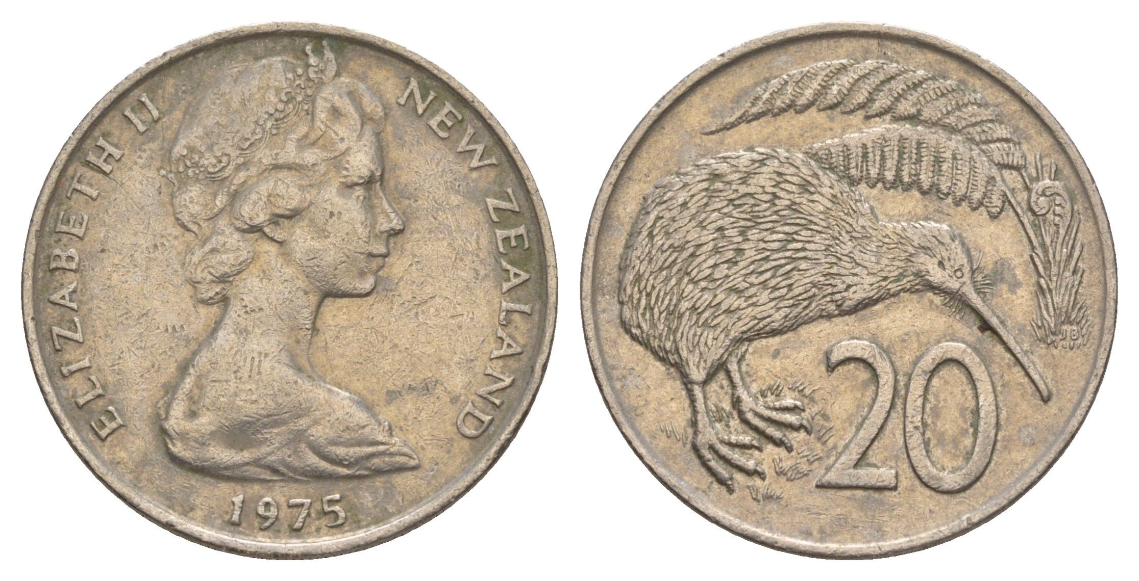 Новая Зеландия 20 центов 1975 Елизавета II (1952-2022), птичка киви KM 36.1 медно-никель 4182-1053