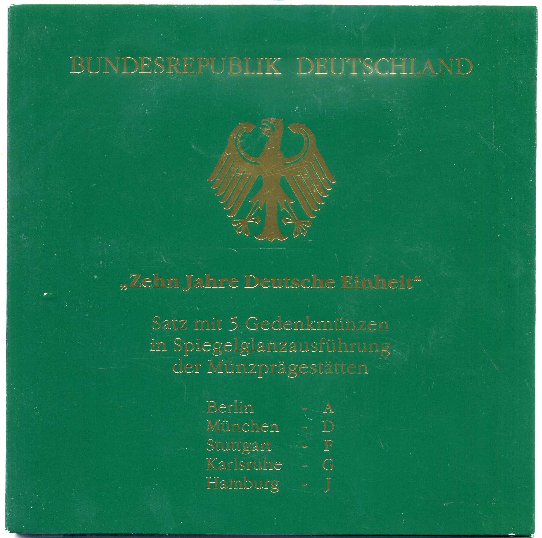 ФРГ набор из 5 штук по 10 марок 2000 A, D, F, G, J, 10 лет немецкого единства KM 201 серебро PROOF 6-5-2-12