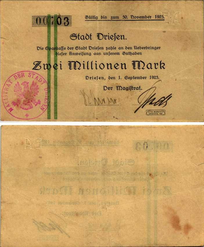 ГЕРМАНИЯ 2000000 МАРОК 1923 1 СЕНТЯБРЯ 1923 - 30 ДЕКАБРЯ 1923, ДРИЗЕН, НОТГЕЛЬД бумага 444-145-2