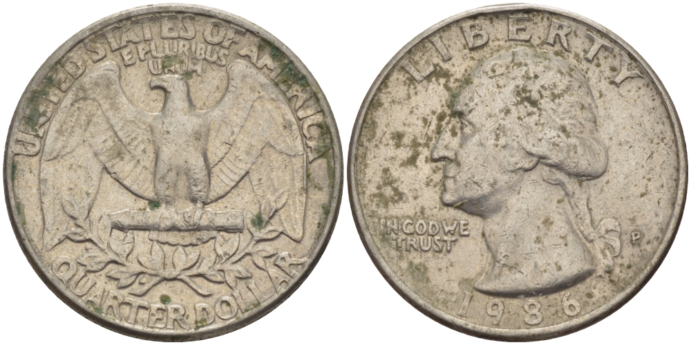 США 25 ЦЕНТОВ = КВОТЕР 1986 Р, ВАШИНГТОН KM А164а медь плакированная медно-никелем 31-747