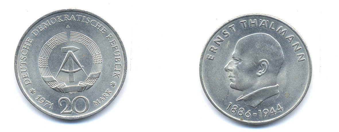 ГДР 20 марок 1971 A, 85 лет со дня рождения Эрнста Тельмана KM 34, J. 1535 медно-никель 3333-616