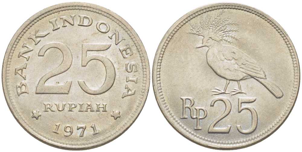 Индонезия 25 рупий 1971 венценосный голубь KM 34 медно-никель UNC 211-615