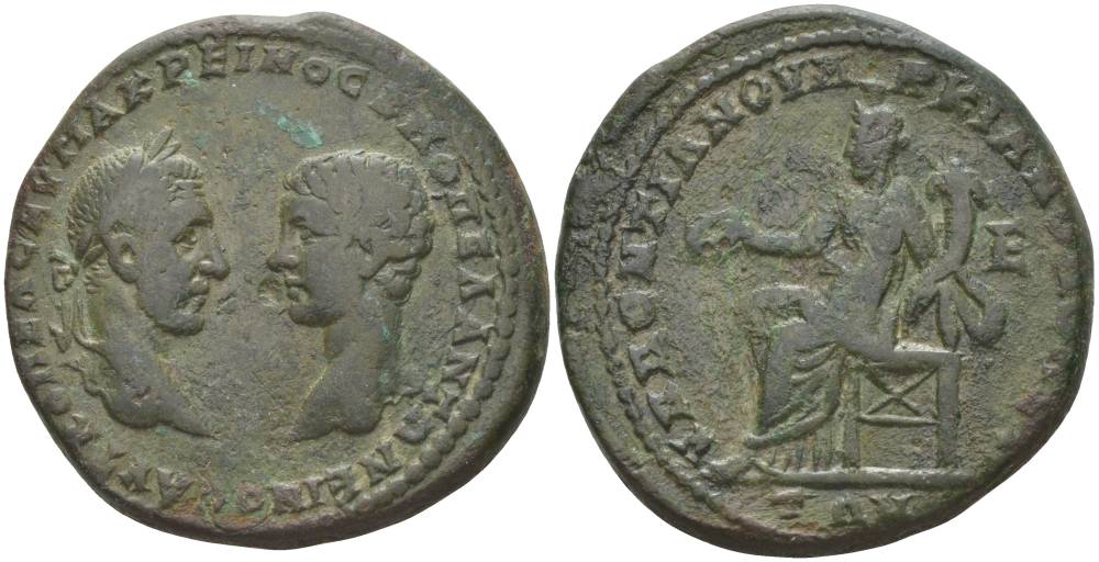 Римская Империя, Провинция Нижняя Мезия, Маркианополь пентассарий 241 - 244 Макрин и Диадумениан, бюсты императора и цезаря / богиня Гармонии и Порядка Омония, 13,29 гр rare Moushmov 557 медь 1073-22-71