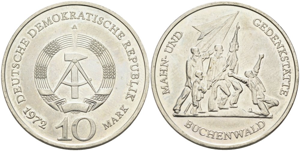 ГДР 10 марок 1972 A, мемориал Бухенвальда KM 38, J. 1539 медно-никель 4574-645