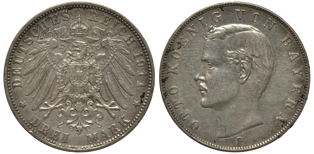 Бавария 3 марки 1911 Отто (1886-1913) Weege 45, J. 47, KM 515 серебро 3711-2032