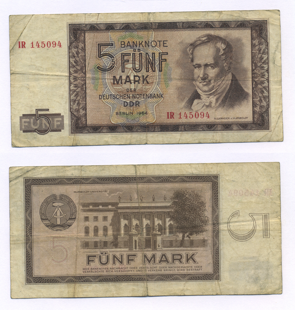 ГДР 5 МАРОК 1964 АЛЕКСАНДР ГУМБОЛЬТ Pick 22а бумага 7146-32-1-2