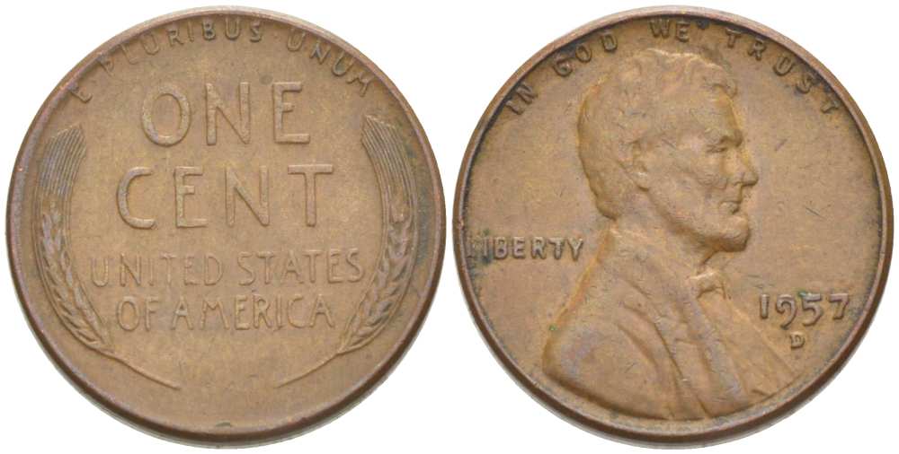 США 1 ЦЕНТ 1957 D, ЛИНКОЛЬН KM А132 медь цинк 218-317
