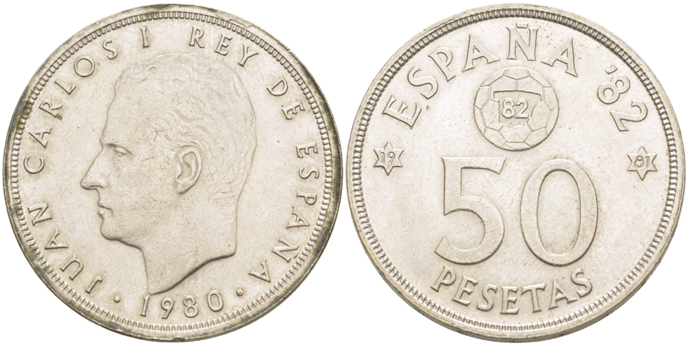 Испания 50 песет 1980 (81) чемпионат мира по футболу в Испании 1982 года, Хуан Карлос I ( 1975-) KM 8 19 медно-никель XF 4185-831