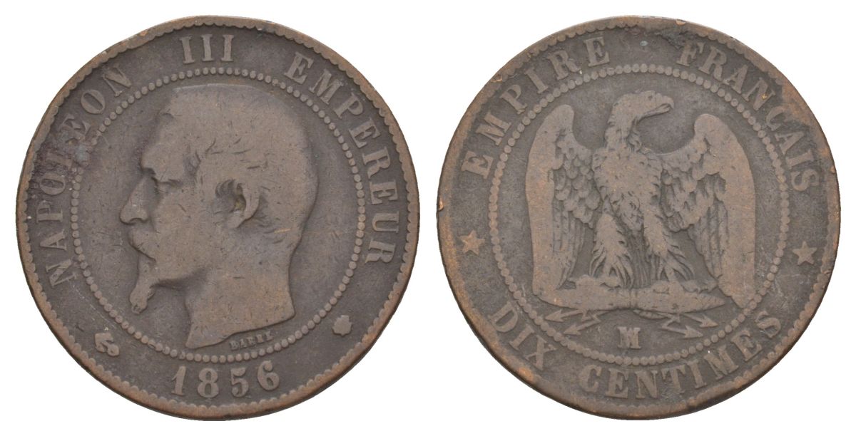 Франция 10 сантимов 1856 MA, Наполеон III (1852-1870) KM 771.6, Le Franc 133.27 бронза 109-1042
