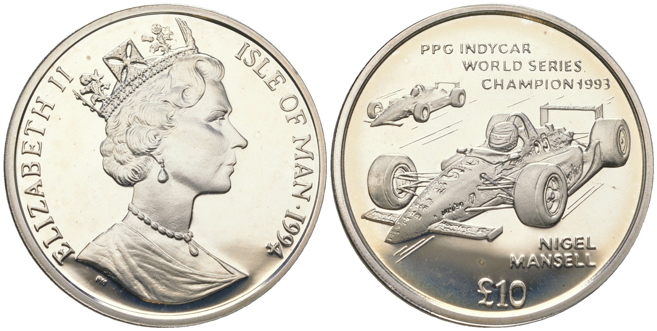 Остров Мэн 10 фунтов 1994 Найджел Мэнселл, чемпион Мировой серии PPG Indycar, гоночный болид КМ 400 серебро  PROOF  1091-2-34