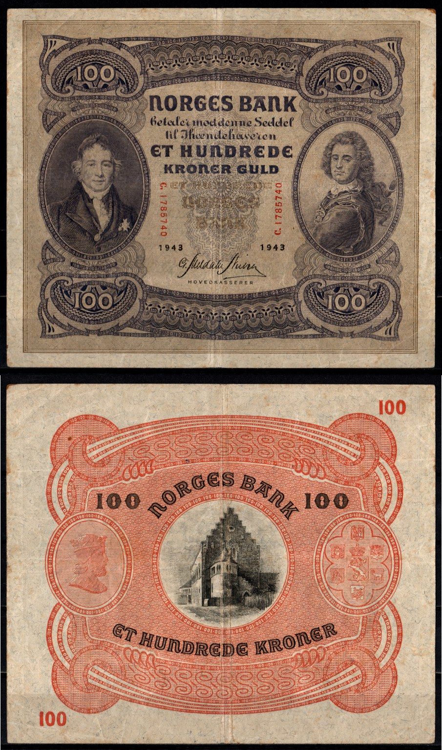 Норвегия 100 крон 1943 Вильгельм Фриман Корен Кристи (1-й председатель норвежского парламента) Pick 10 c бумага 451-1249-1