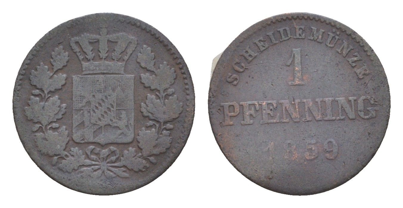 Бавария 1 пфенниг 1859 Максимилиан II (1848-1864) KM 856 медь 4649-461