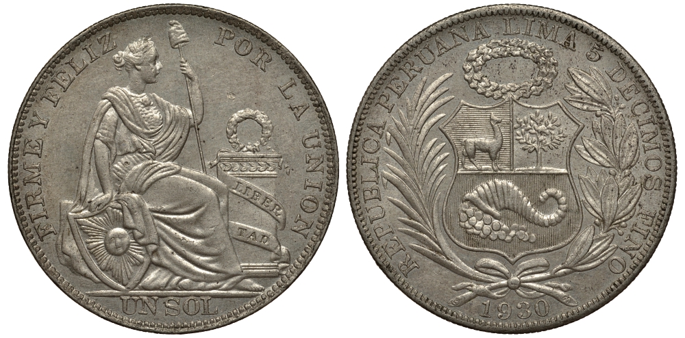 Перу 1 соль 1930 KM 218.2 серебро aUNC 272-935