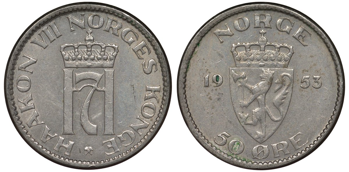 Норвегия 50 эре 1953 Хокон VII (1905-1957) KM 402 медно-никель 4128-1117