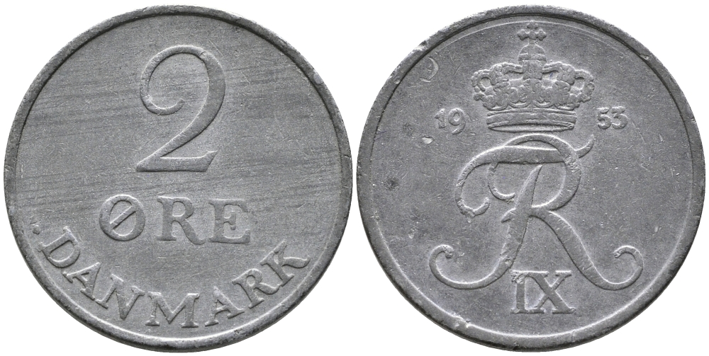 ДАНИЯ 2 ЭРЕ 1953 N; S, ФРЕДЕРИК IX (1947-1972) KM 840.1 цинк 28-1042