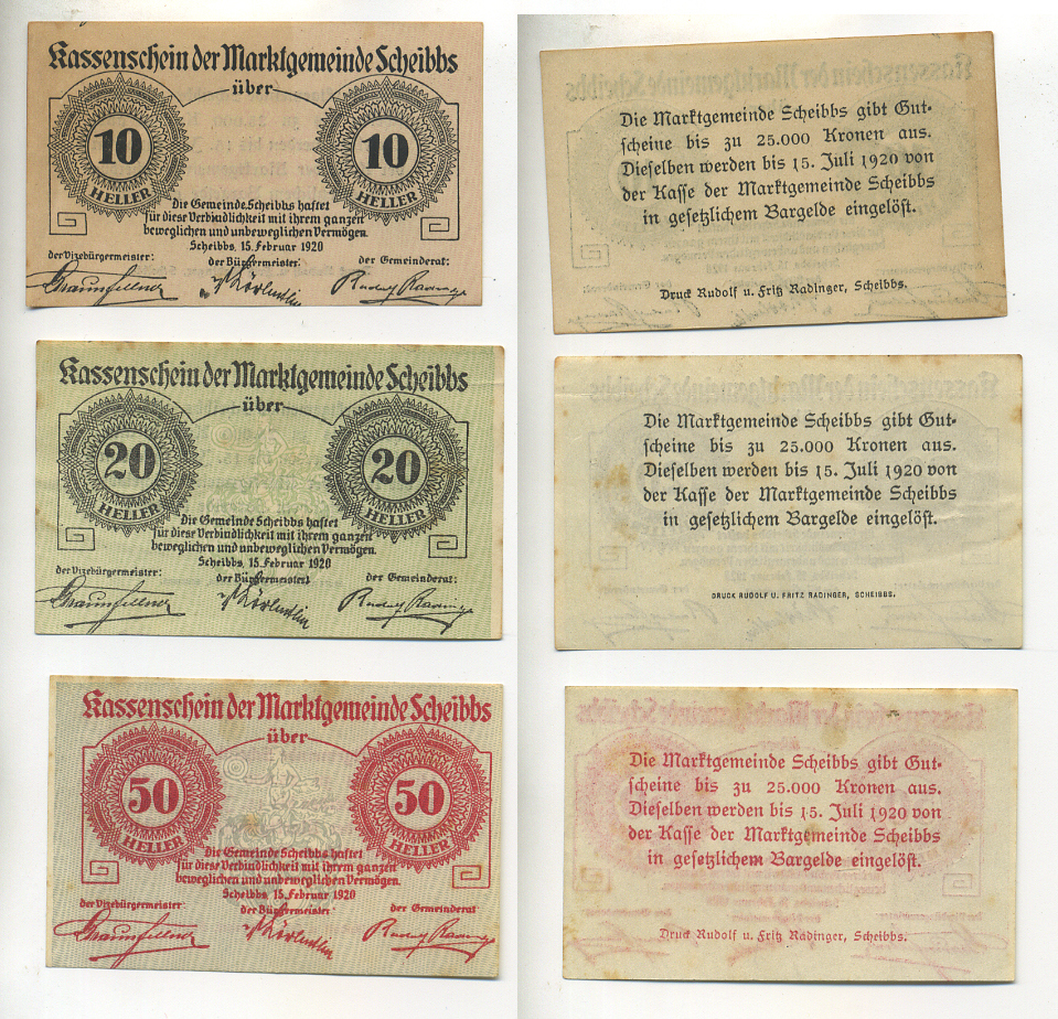 АВСТРИЯ НАБОР ИЗ 3 БАНКНОТ 1920 15 ФЕВРАЛЯ 1920-15 ИЮЛЯ 1920, НОТГЕЛЬД, 10, 20, 50 ГЕЛЛЕРОВ, SCHIBBS бумага XF 7217-22-3