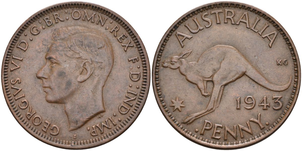 Австралия 1 пенни 1943 Георг VI (1937-1952), кенгуру KM 36 бронза 4368-224