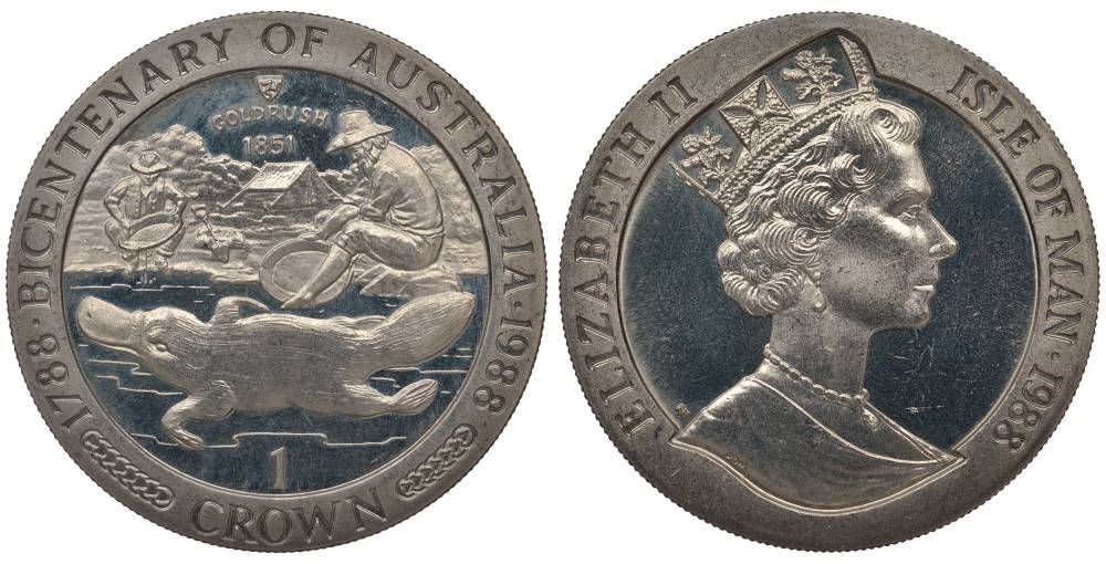 ОСТРОВ МЭН 1 КРОНА 1988 200 ЛЕТ АВСТРАЛИИ, УТКОНОС, ЗОЛОТАЯ ЛИХОРАДКА 1851 KM 224 медно-никель UNC 00-00