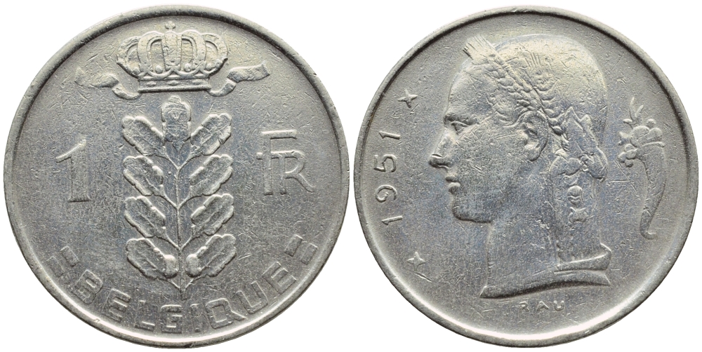 БЕЛЬГИЯ 1 ФРАНК 1951 BELGIQUE KM 142.1 медно-никель 4390-556