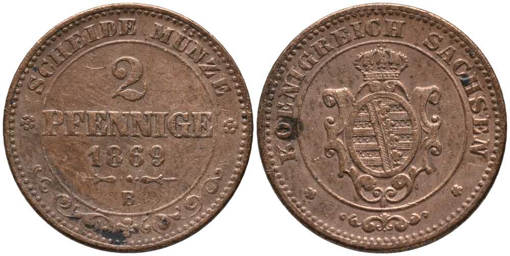 Саксония 2 пфеннига 1869 В, Иоганн (1854-1873) KM 1217, Jaeger 121, AKS 155 медь 116-653