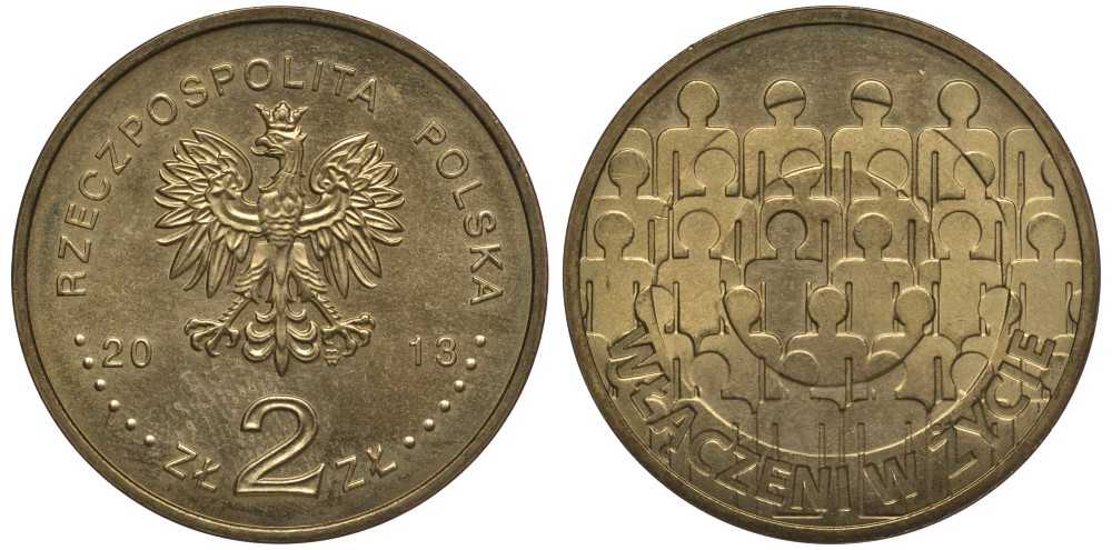 Польша 2 злотых 2013 MW, 50 лет ассоциации для умственно отсталых людей KM 876 нордик 111-635
