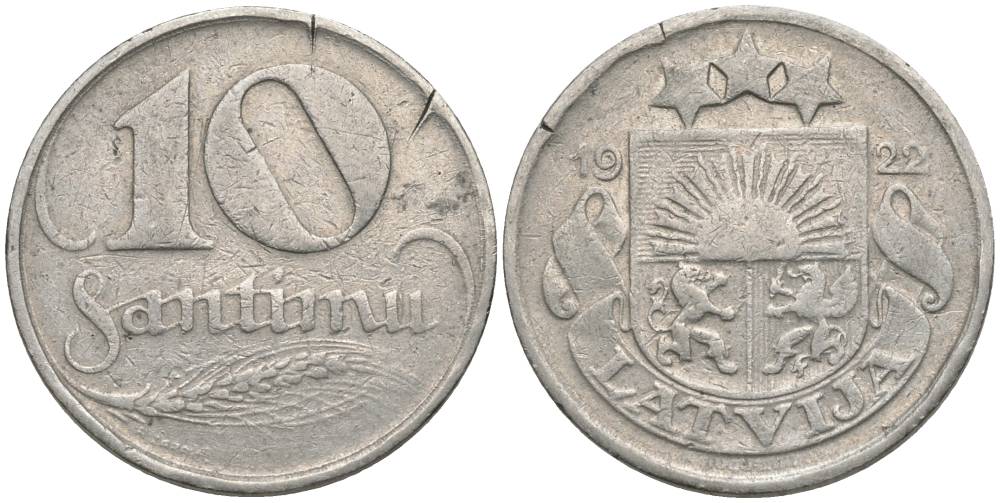 Латвия 10 сантимов 1922 первая Республика (1918-1939) KM 4 никель 4549-1231