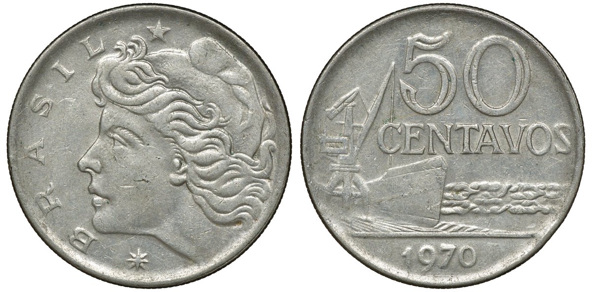 Бразилия 50 сентаво 1970 голова свободы влево KM 580а медно-никель 72-554