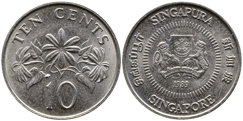 Сингапур 10 центов 1989 KM 51 медно-никель 26-1037