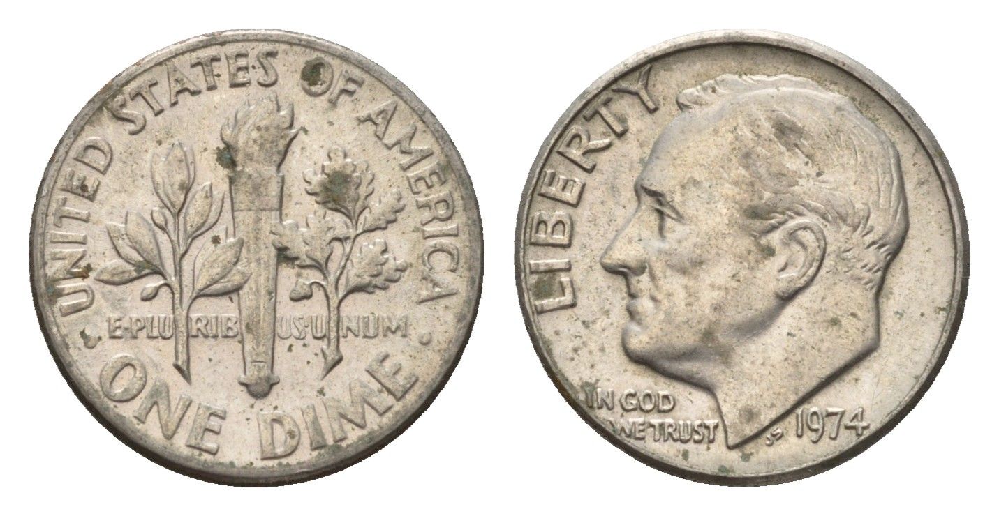 США 10 центов (дайм) 1974 Рузвельт KM 195a медь плакированная медно-никелем 4674-543