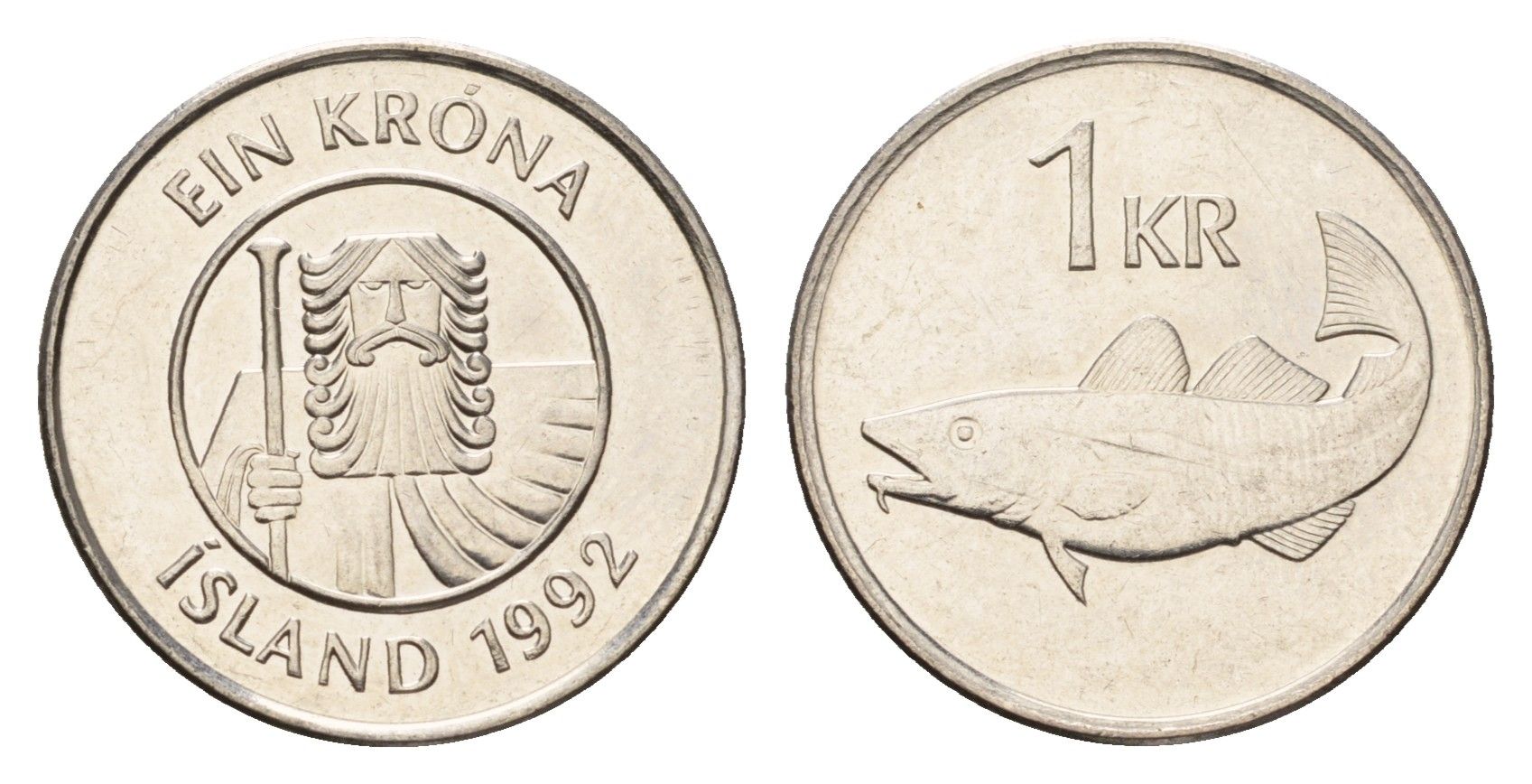 Исландия 1 крона 1992 треска KM 27a сталь плакированная никелем UNC 4687-839