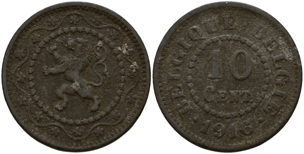 Бельгия 10 сантимов 1916 германская оккупация Первая мировая война, Альберт I (1910-1934) KM 81 цинк 4161-255