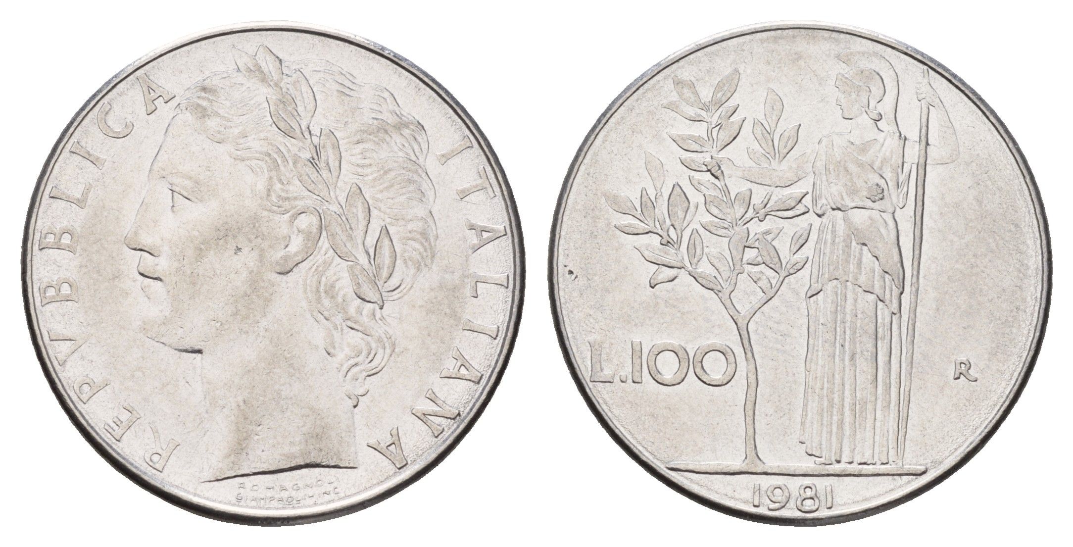Италия 100 лир 1981 R, Афина у оливкового дерева KM 96.1 нержавеющая сталь 186-1117