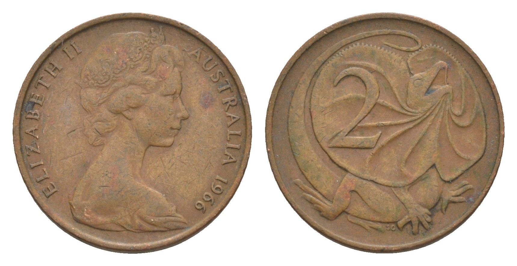 Австралия 2 цента 1966 Елизавета II (1952-2022), плащеносная ящерица KM 63 бронза 4585-1012