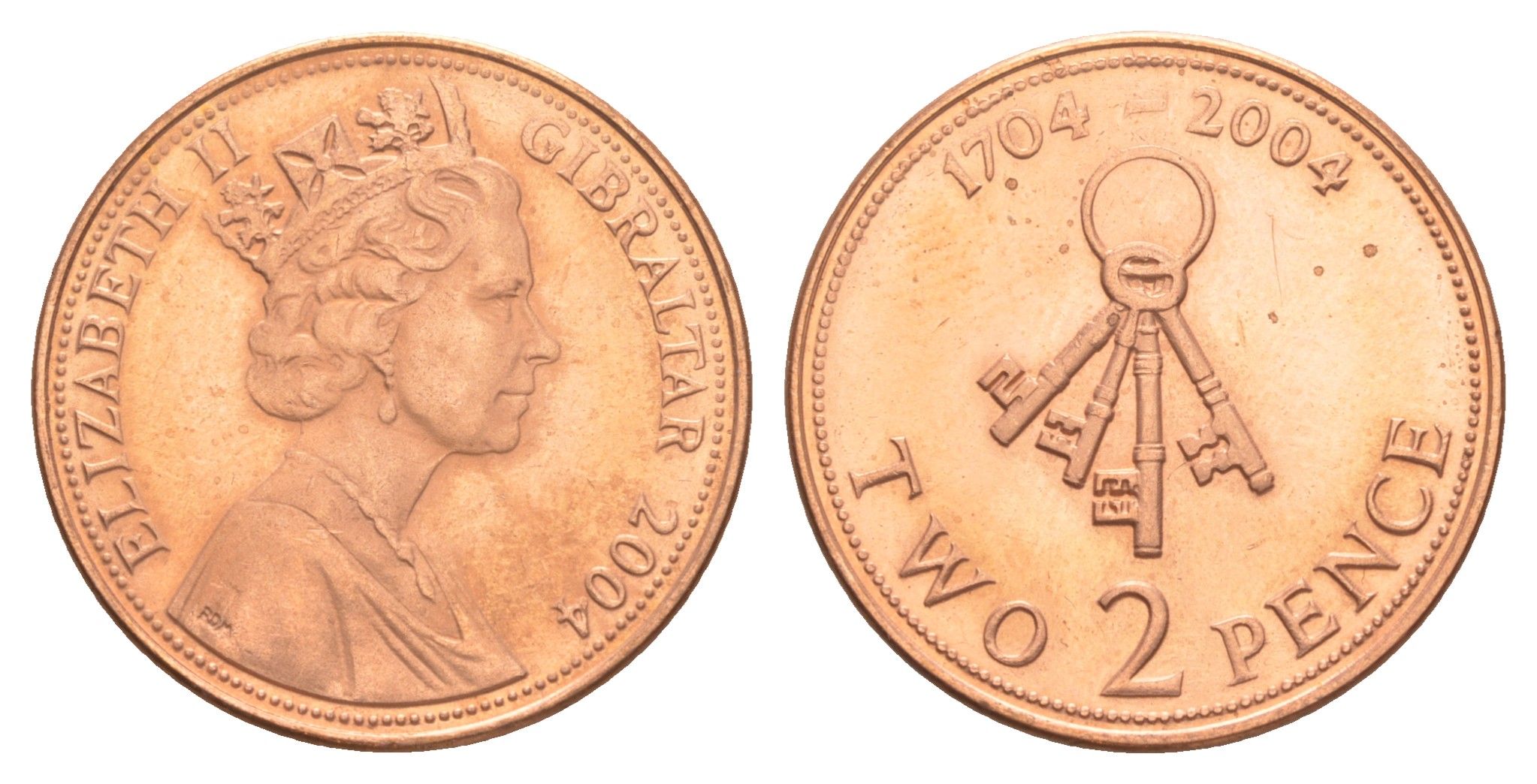 Гибралтар 2 пенса 2004 300 лет захвату Гибралтара KM 1044 сталь плакированная медью UNC 4563-1033