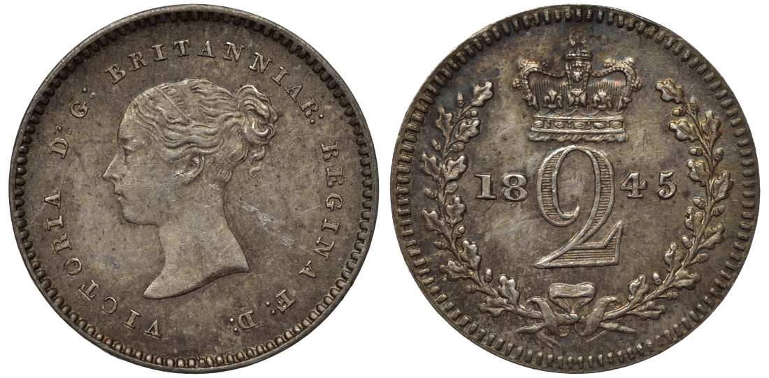 Великобритания 2 пенса 1845 Виктория (1837-1901) Spink 3919, KM 729 серебро PROOFLIKE 1524-431