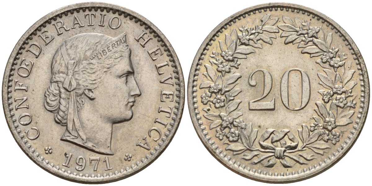 Швейцария 20 раппенов 1971 KM 29a медно-никель 4187-612
