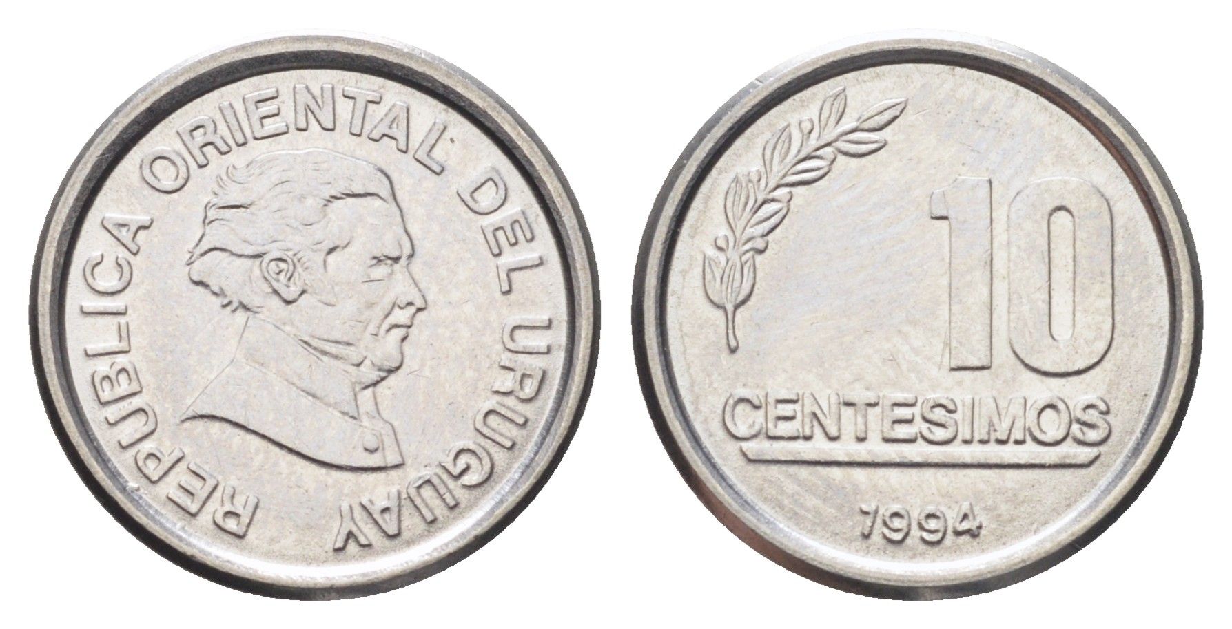Уругвай 10 сентесимо 1994 год-тип KM 102 нержавеющая сталь UNC 4697-1036