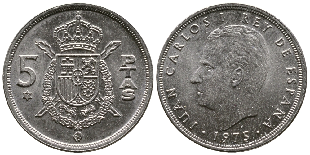 Испания 5 песет 1975 (79) Хуан Карлос I (1975-2014) KM 807 медно-никель 4110-1521