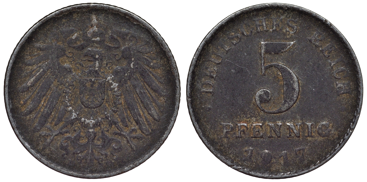 Германия 5 пфеннигов 1917 D KM 19, J. 297, Weege 5 железо 4118-1131