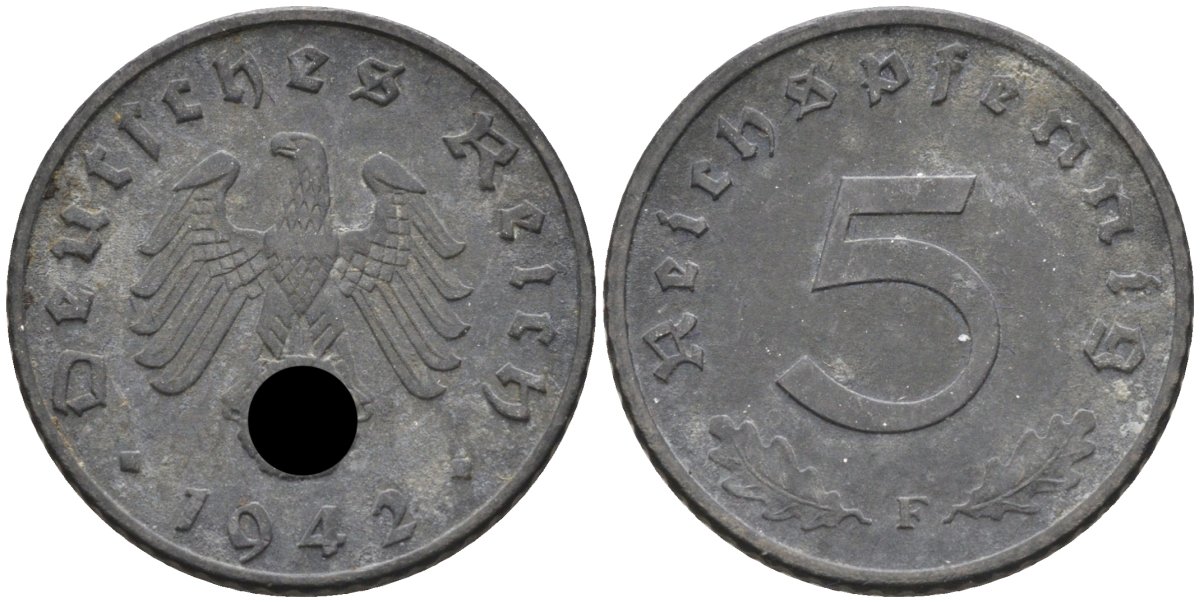 Германия 5 рейхспфеннигов 1942 F, KM 100 цинк 100-528