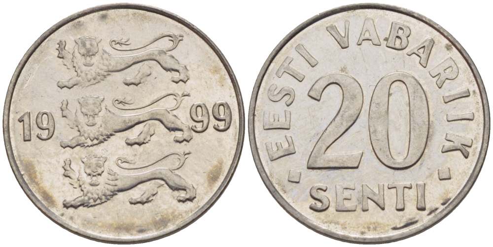 ЭСТОНИЯ 20 ЦЕНТОВ 1999 KM 23a сталь плакированная никелем 66-731