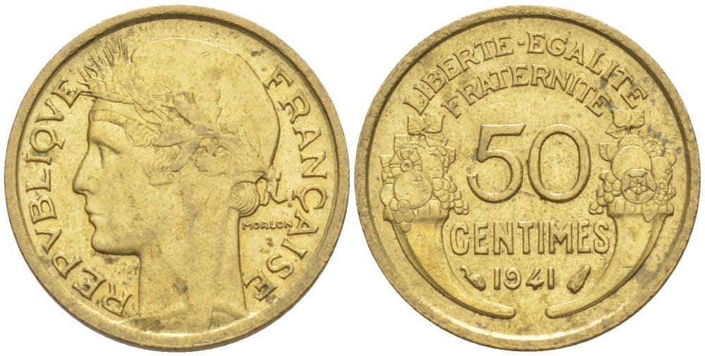 ФРАНЦИЯ 50 САНТИМОВ 1941 ТИП MORLON KM 894.1, LE FRANC 192.18 алюминиевая бронза 44-518