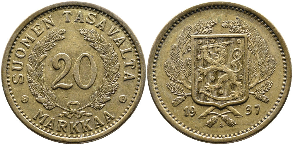 Финляндия 20 марок 1937 S KM 32 алюминиевая бронза 4389-111
