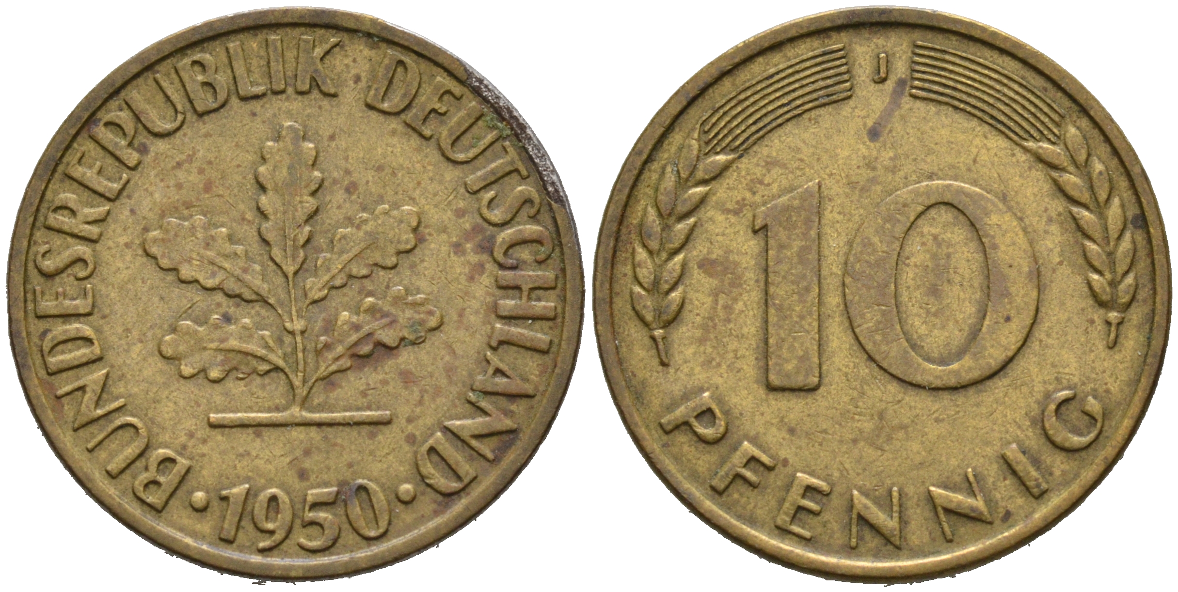 ФРГ 10 ПФЕННИГОВ 1950 J KM 108, J.383 сталь плакированная латунью 75-616