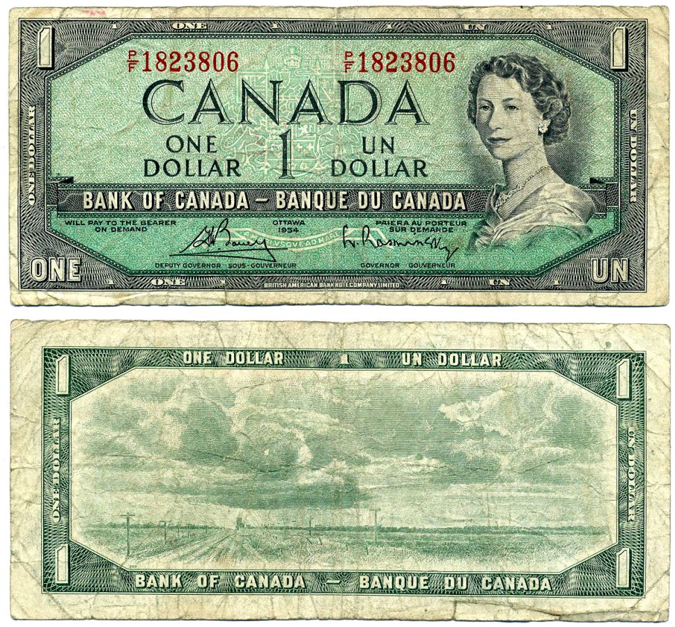Канада 1 доллар 1954 подписи Bouey & Rasminsky, BABNC, серия P/F Pick 75c бумага 6285-1-2-1
