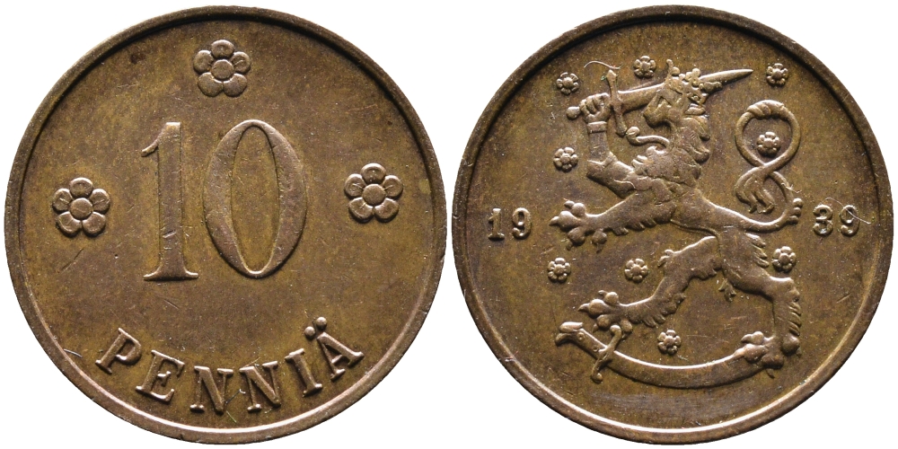 Финляндия 10 пенни 1939 KM 24 медь 4388-847