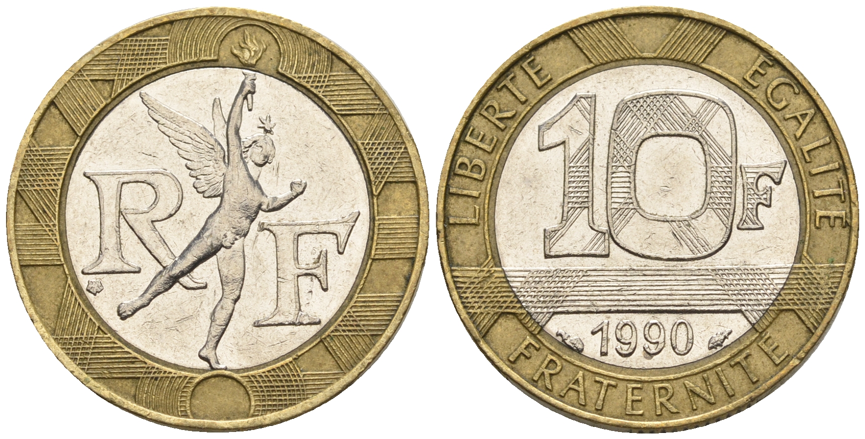 Франция 10 франков 1990 тип Гений Бастилии KM 964.1, Le Frank 375.5 биметалл 85-127