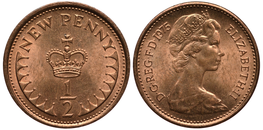 Великобритания 1/2 пенни 1975 Елизавета II (1952-2022) KM 914, Spink 4239 бронза 4181-234