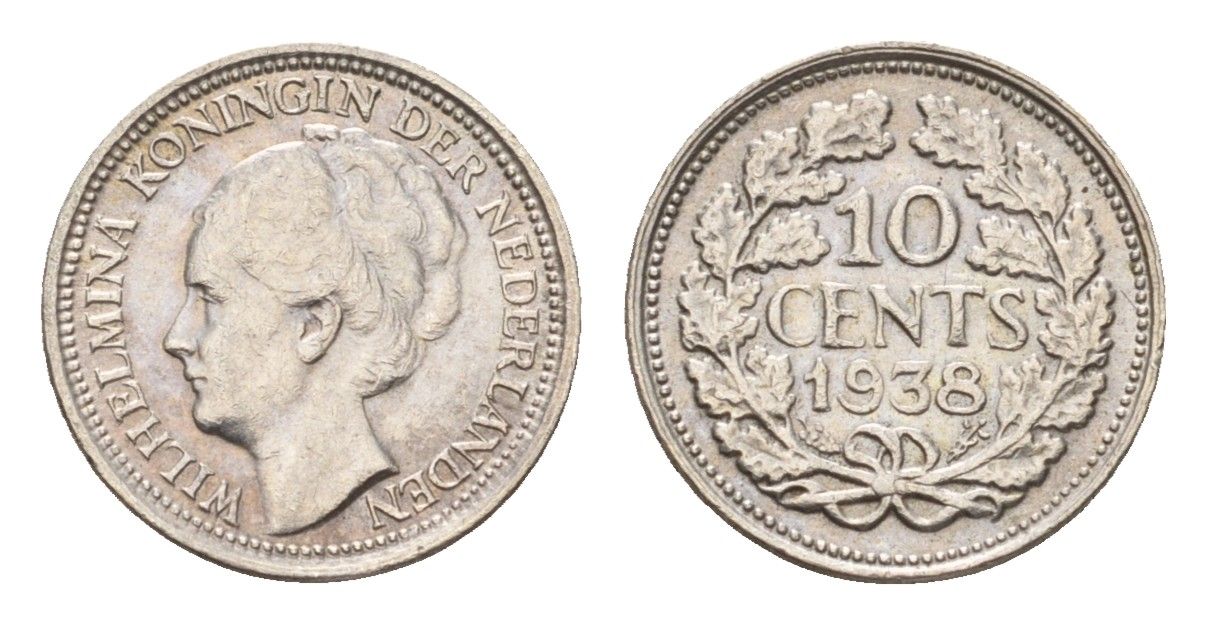 Нидерланды 10 центов 1938 Вильгельмина (1890-1948) KM 163 серебро UNC 44-1139