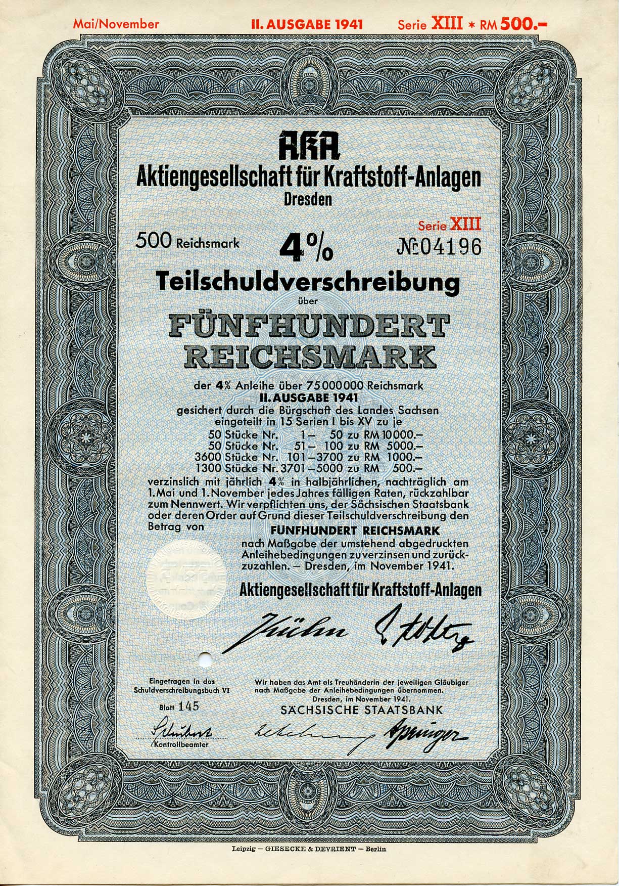 Германия 500 рейхсмарок 1941 АО топливных заводов, Дрезден, также известное как AKA, 4% частичное обязательство, облигация   бумага   8803-33-1